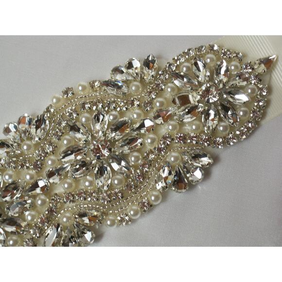 Rhinestone wedding dress belt sash, rhinestone applique ivory bridal sash belt, - Picture 4 of 7